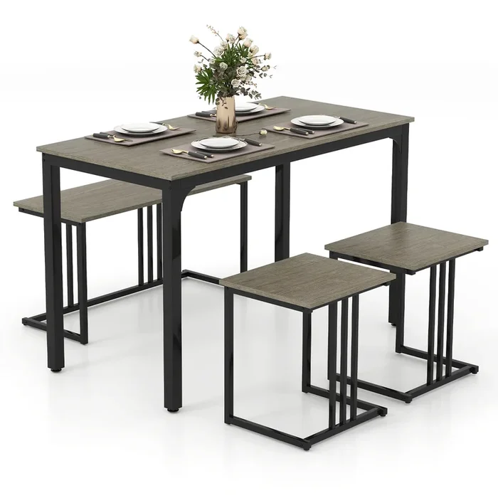 Dining Table with Bench and 2 Stools – 4-Piece Space-Saving Furniture Set