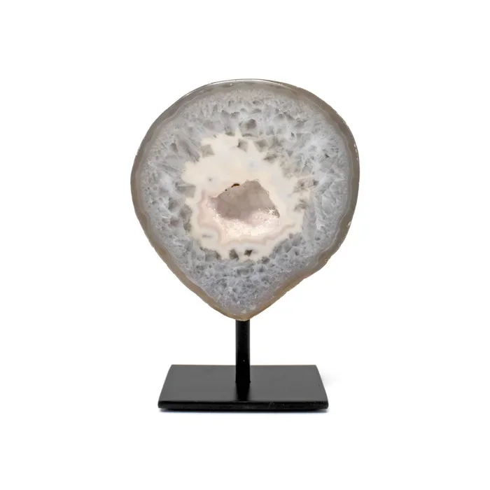 Druze Geode On Post Stand – Grayish Blue Quartz With White Druze Center