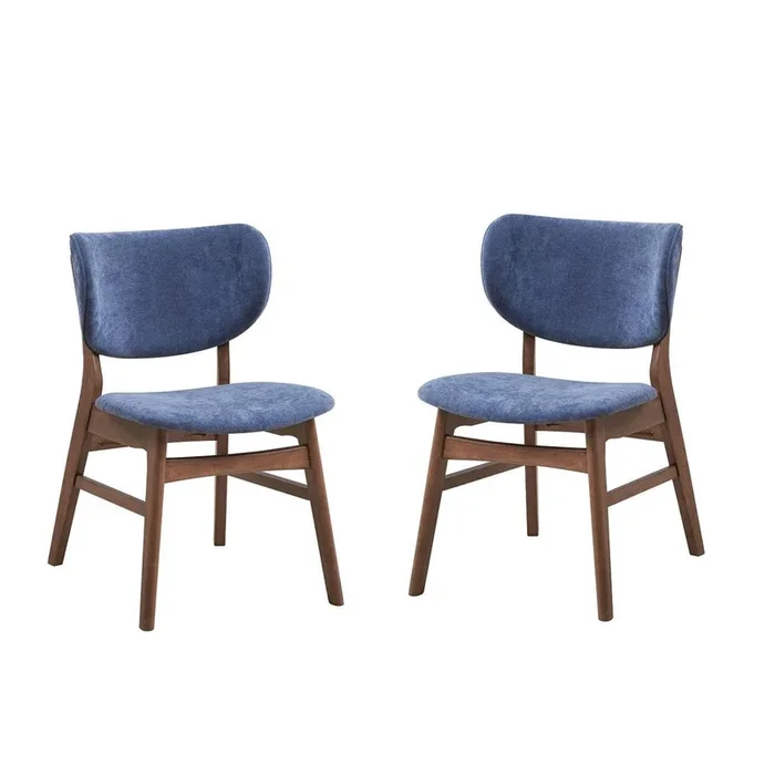 Evis 23 Inch Side Dining Chair Set of 2, Walnut Brown, Soft Blue Fabric – Benzara