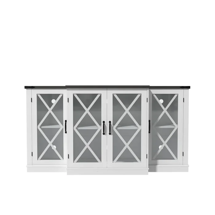 Farmhouse TV Stand for 70″ TV, Wooden Media TV Console Entertainment Center with 4 Glass Door, Height Adjustable Shelves and Storage, White