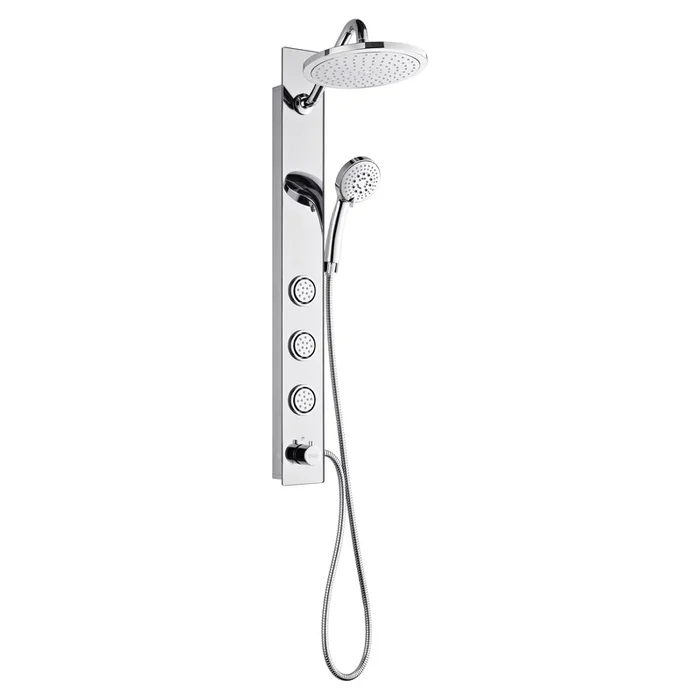 FORNO AcquaSPA Shower Panel with SensoTemp, 9″ Rainfall Shower Head, 5-in-1 Handheld Shower and 3 Body Jets in Mirrored Stainless Steel