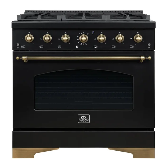FORNO Antico 36″ 4.5 cu. ft. Dual Fuel Range with 6 Sealed Burners in Black with Antique Brass Accents, FFSGS6113-36BLK