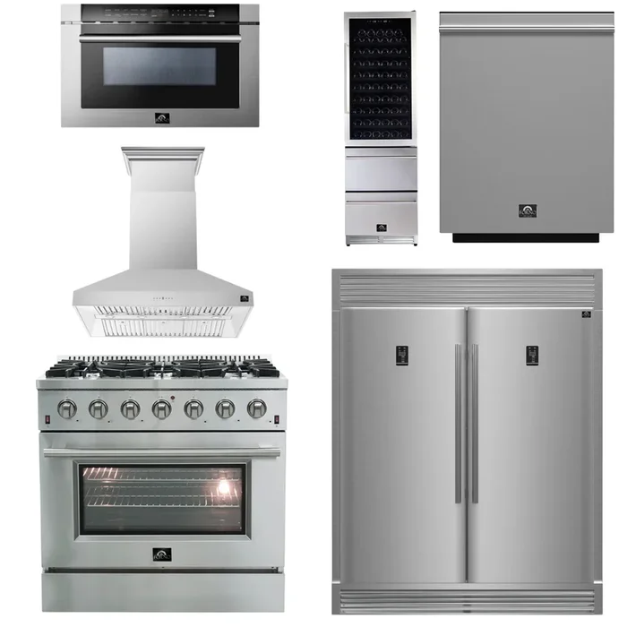 FORNO Appliance Package – 36 Inch Gas Range, Wall Mount Range Hood, Refrigerator, Microwave Drawer, Dishwasher, Wine Cooler, AP-FFSGS6244-36-W-9