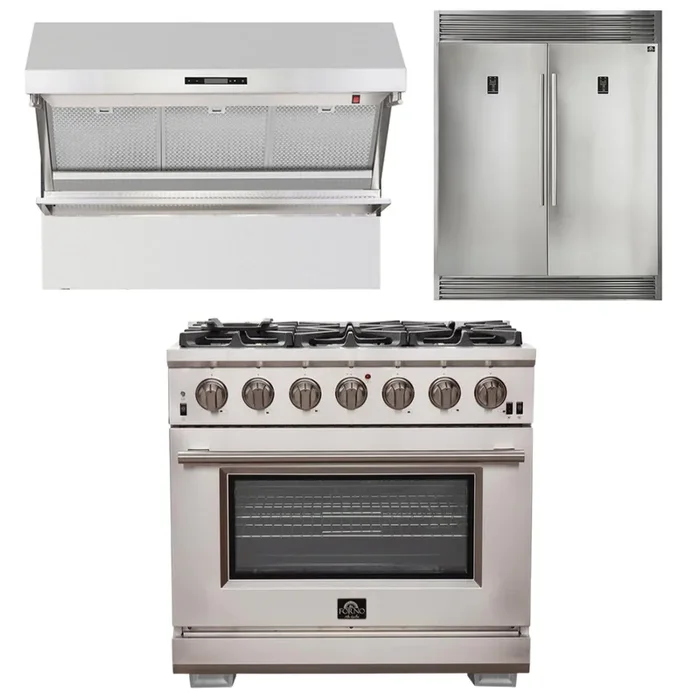 FORNO Appliance Package – 36 Inch Pro Gas Range, Wall Mount Range Hood, Refrigerator, AP-FFSGS6260-36-4