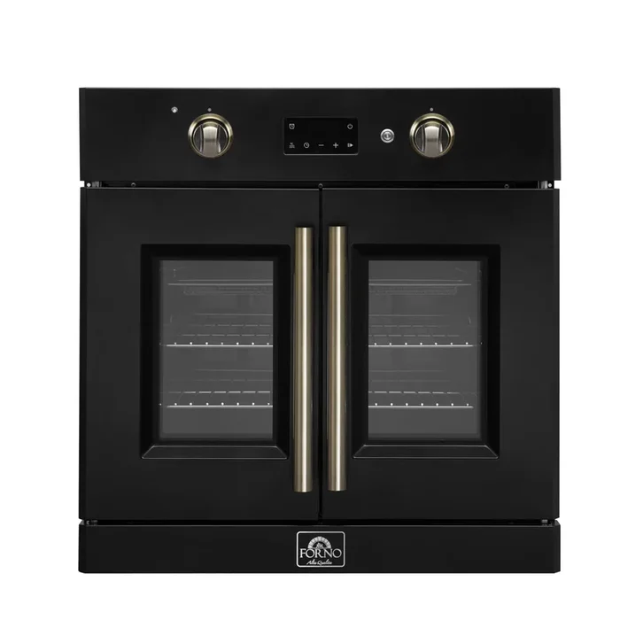 FORNO Asti 30″ 3.58 cu. ft. French Door Electric Wall Oven with Air Fry, Self-Clean and Sous Vide in Black with Antique Brass Accents, FBOEL1333-30BLK