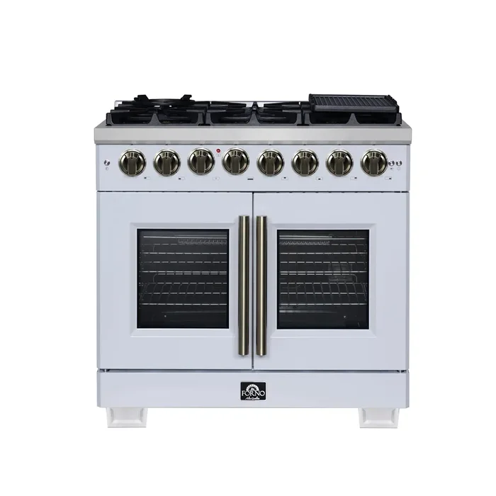 FORNO Capriasca 36″ 5.36 cu. ft. Dual Fuel Range with 6 Brass Burners, Air Fryer Kit, Rotisserie Kit, Wok Support & Griddle in White with Antique Brass Accents, FFSGS6387-36WHT