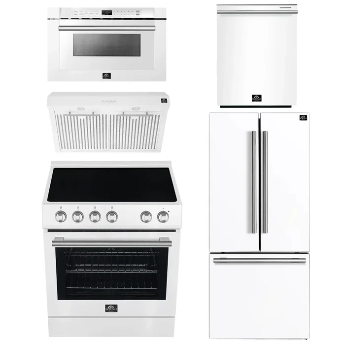 FORNO Espresso Package – 30″ Electric Range, Range Hood, 30″ Refrigerator with Ice Maker, Dishwasher and 24″ Microwave Drawer in White with Silver Accents