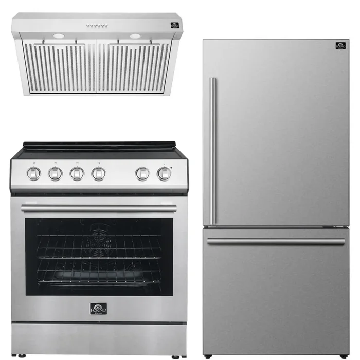 FORNO Espresso Package – 30″ Electric Range, Range Hood and Refrigerator in Stainless Steel with Silver Handles, FBDL-001-01US