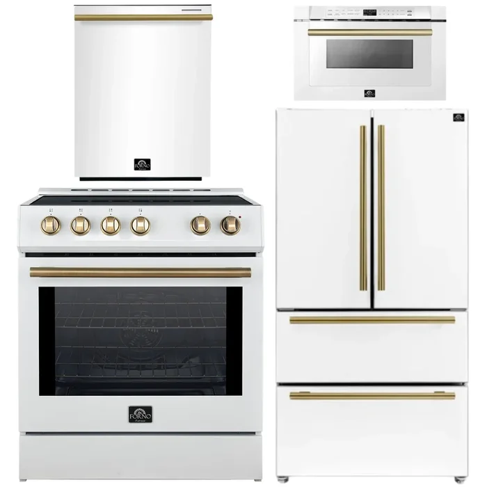 FORNO Espresso Package – 30″ Induction Range, 36″ Refrigerator with Ice Maker, Dishwasher and 24″ Microwave Drawer in Whitewith Antique Brass Accents
