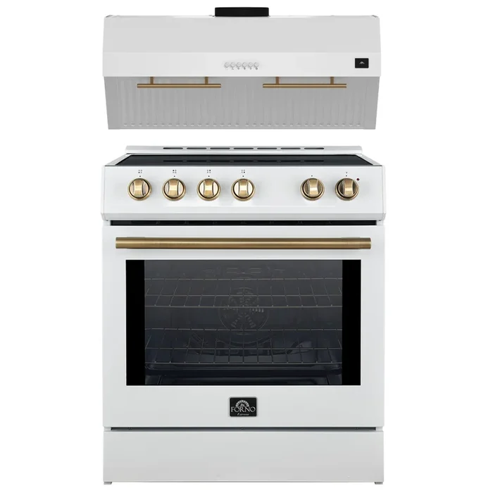 FORNO Espresso Package – 30″ Induction Range and Under Cabinet Range Hood in White with Antique Brass Accents