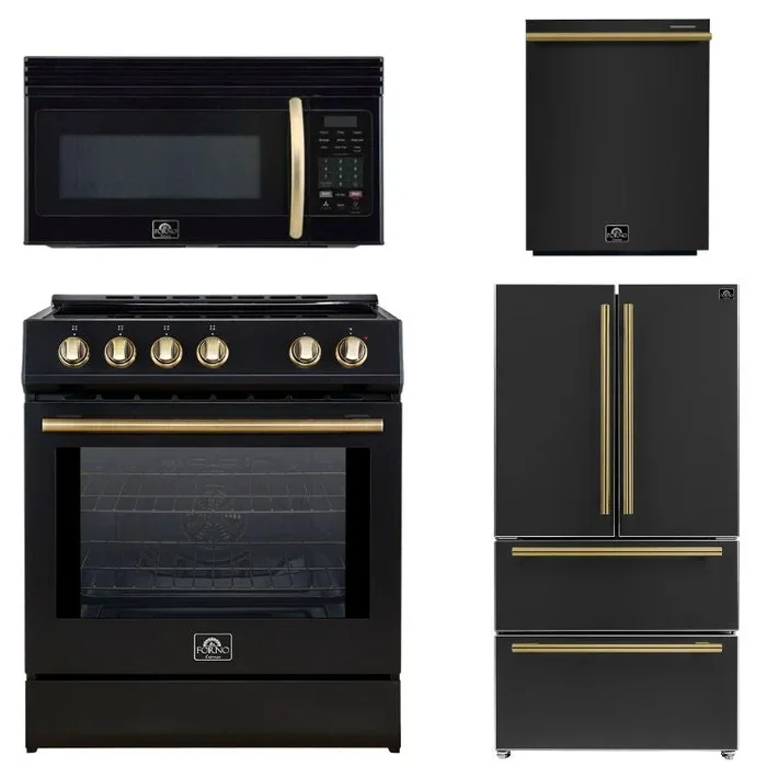 FORNO Espresso Package – 30″ Induction Range, Over-The-Range Microwave, 36″ Refrigerator with Ice Maker and Dishwasher in Black with Antique Brass Accents, AP4-0982BLK-A9