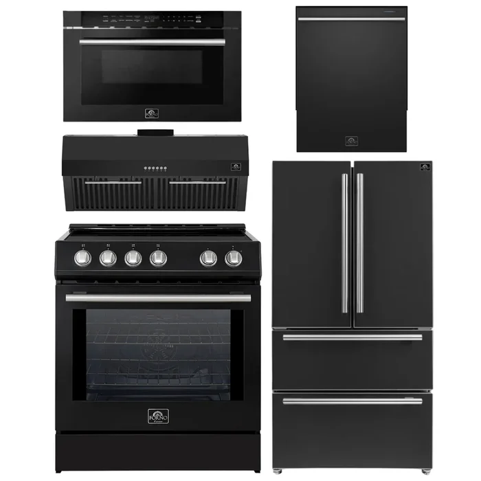 FORNO Espresso Package – 30″ Induction Range, Range Hood, 36″ Refrigerator with Ice Maker, Dishwasher and 24″ Microwave Drawer in Black with Silver Accents