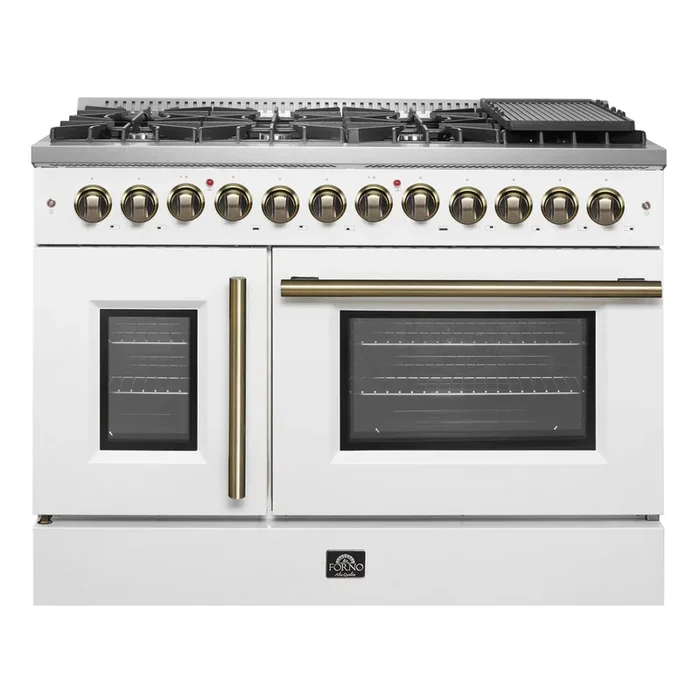 FORNO Galiano 48″ 6.58 cu. ft. French Door Dual Fuel Range with 8 Sealed Burners and Griddle in White with Antique Brass Accents, FFSGS6356-48WHT