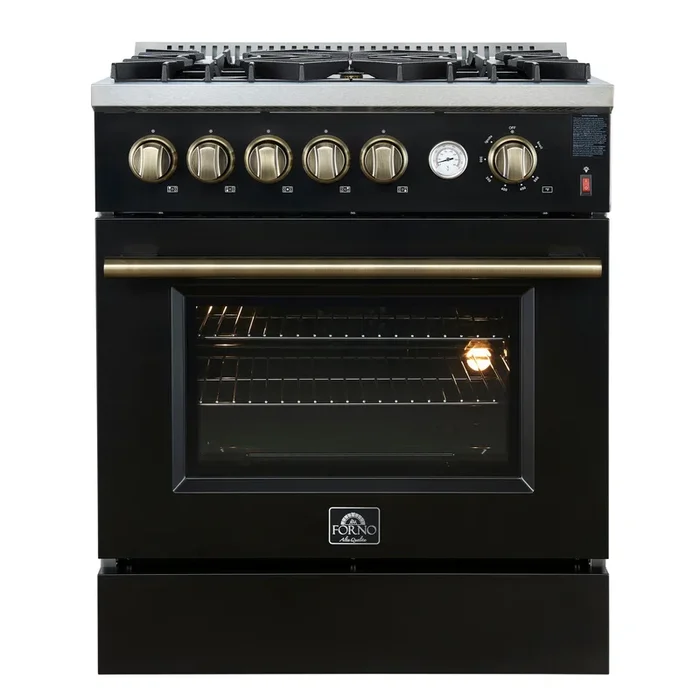 FORNO Giovanni 30″ 4.32 cu. ft. Gas Range with 5 Burners, Air Fry Basket, Wok Support and Griddle in Black with Antique Brass Accents, FFSGS6274-30BLK