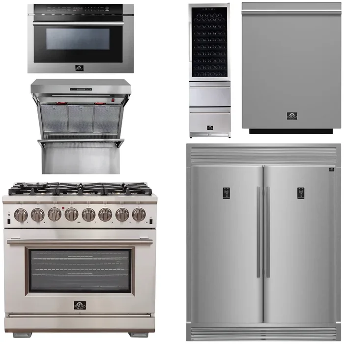 FORNO Package – 36″ Dual Fuel Range, Range Hood, Refrigerator, Microwave, Dishwasher, Wine Cooler, AP-FFSGS6187-36-9