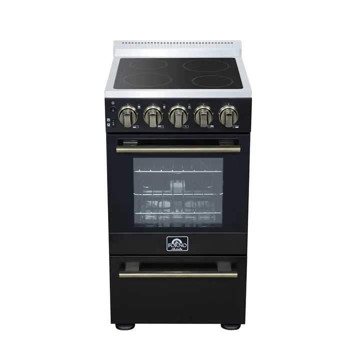 FORNO Pallerno 20″ 2.05 cu.ft. Freestanding Electric Range with 4 Elements and Storage Drawer in Black with Antique Brass Accents, FFSEL6052-20BLK