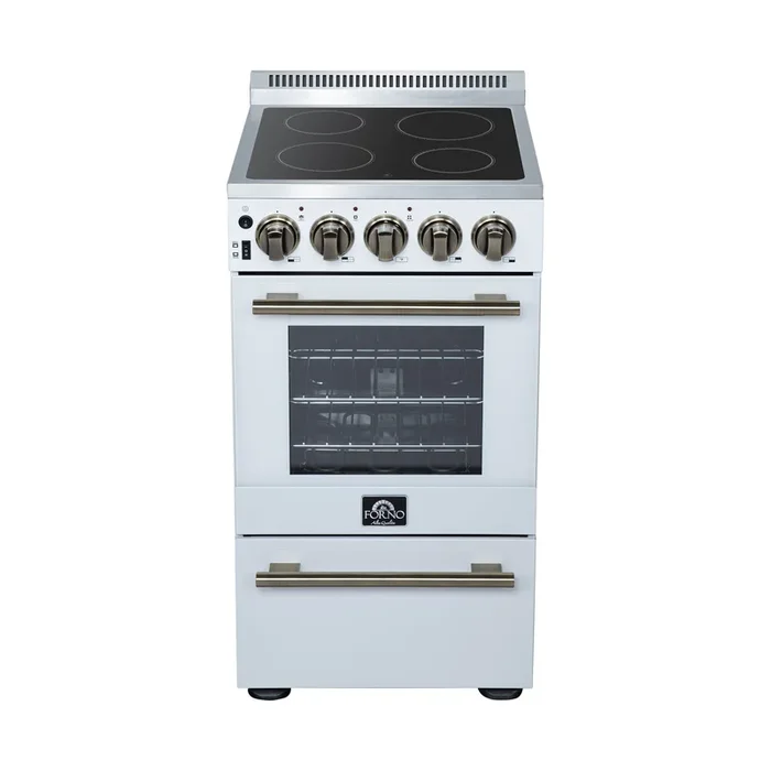 FORNO Pallerno 20″ 2.05 cu.ft. Freestanding Electric Range with 4 Elements and Storage Drawer in White with Antique Brass Accents, FFSEL6052-20WHT