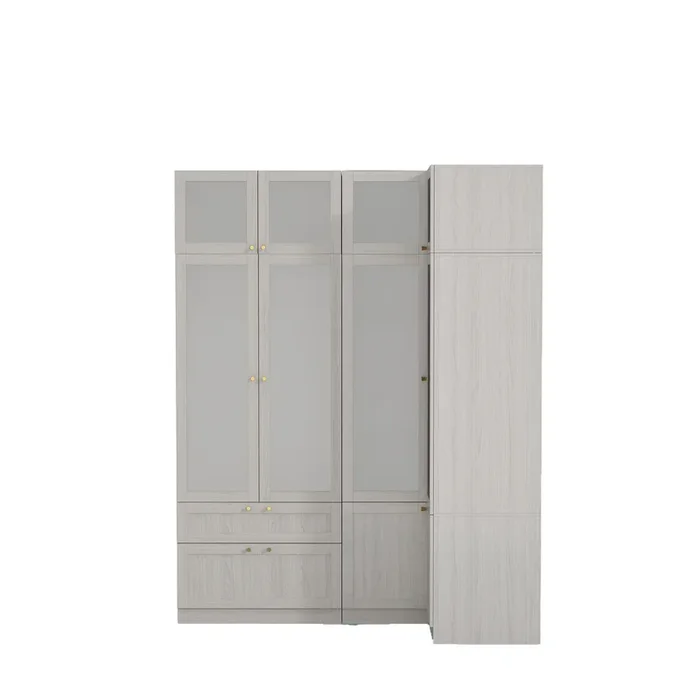 FUFU&GAGA Modern Glass Door Wardrobe with Frosted Panels, Gold Handles, 2 Drawers and Hanging Rod–Customizable Closet Organizer, (67″ L x 35.4″ W x 86.6″ H),White
