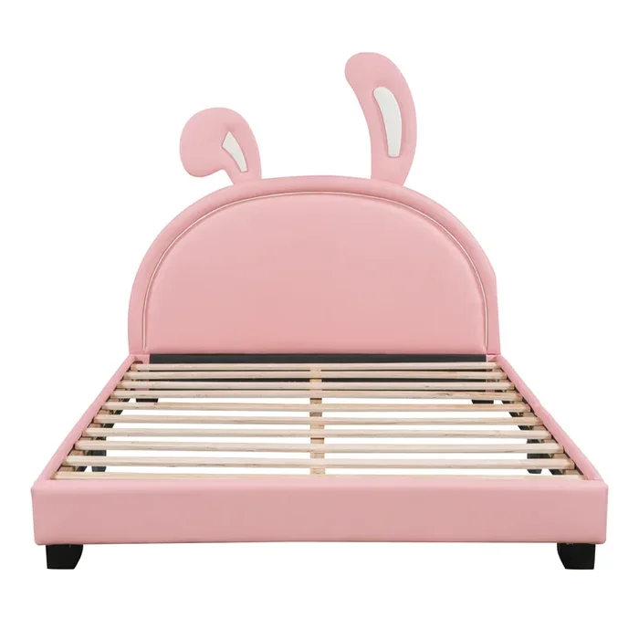 Full Size Upholstered Leather Platform Bed with Rabbit Ornament