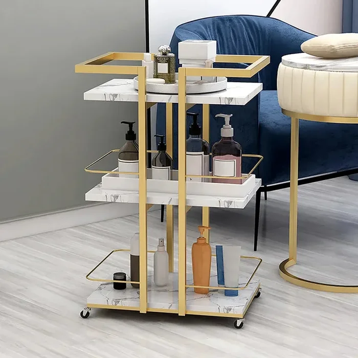 Gold Rolling Bar Cart with White Marble Shelves & Wheels
