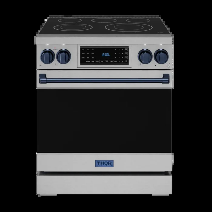 Gordon Ramsay by THOR Kitchen 30″ 4.55 cu. ft. Professional Electric Range with Tilt Panel Touch Control, Self-Clean and Air Fry in Stainless Steel with Navy Blue Accents, RSE30-BLU