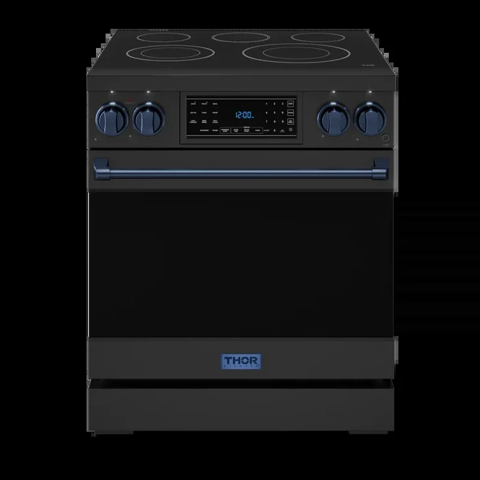 Gordon Ramsay by THOR Kitchen 30″ 4.55 cu. ft. Professional Electric Range with Tilt Panel Touch Control, Self-Clean and Air Fry in Matte Black with Navy Blue Accents, RSE30B-BLU