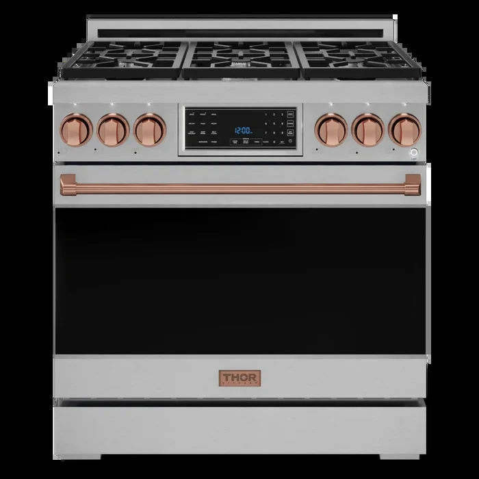 Gordon Ramsay by THOR Kitchen 36″ 6.0 cu. ft. Professional Natural Gas Range with Tilt Panel Touch Control, Self-Clean and Air Fry in Stainless Steel with Rose Gold Accents, RSG36-RSG