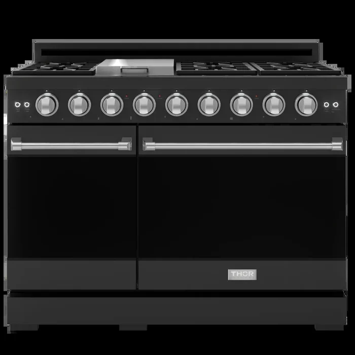 Gordon Ramsay by THOR Kitchen 48″ 6.8 cu. ft. Professional Propane Gas Range in Matte Black with Stainless Steel Accents, RSG48EBLP-SS