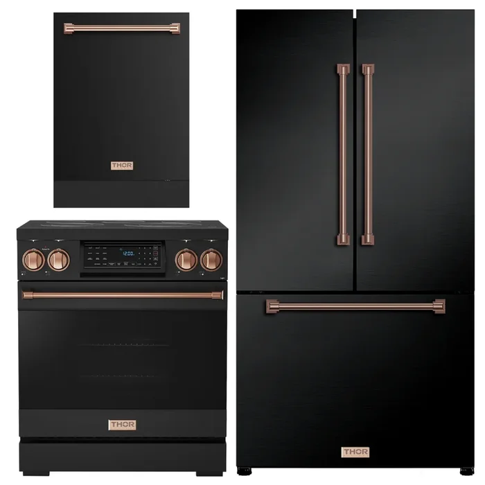 Gordon Ramsay by THOR Kitchen Package – 30″ Electric Range, 36″ Refrigerator with Ice Maker and Dishwasher in Black Matte with Rose Gold Accents, AP-RSE30B-RSG-2