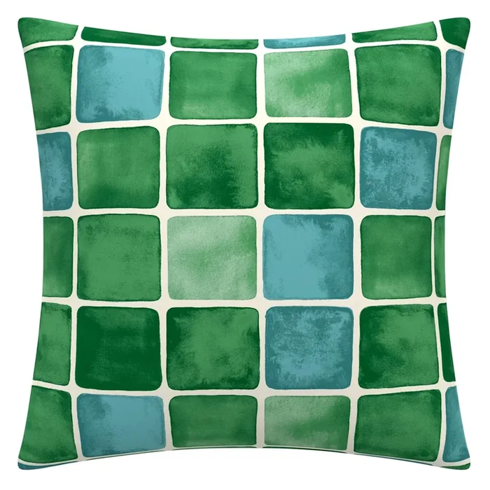 Green & Blue Watercolor Tile Square Outdoor Throw Pillow, 16″