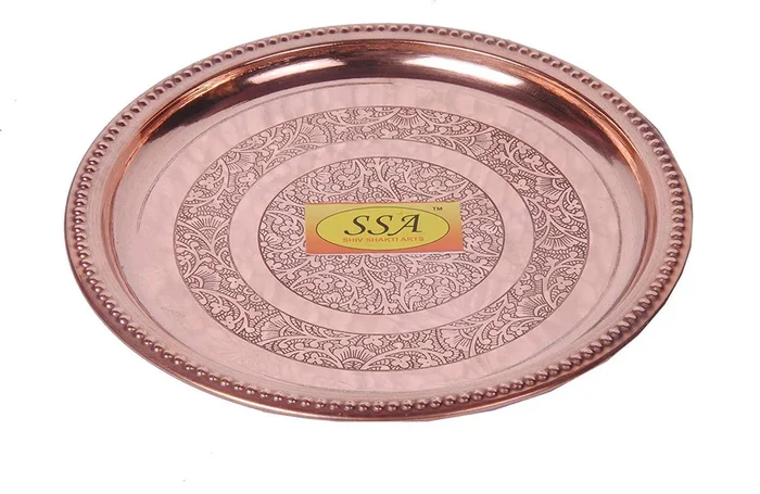Handmade Pure Copper Plate/Thali Dish Embossed Design Round Shape Dinner Plate Diameter=26 cm