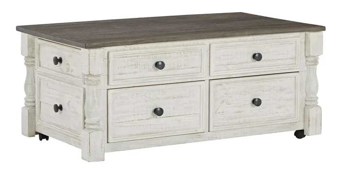 Havalance – Lift Top Cocktail Table with Storage Drawers – White / Gray
