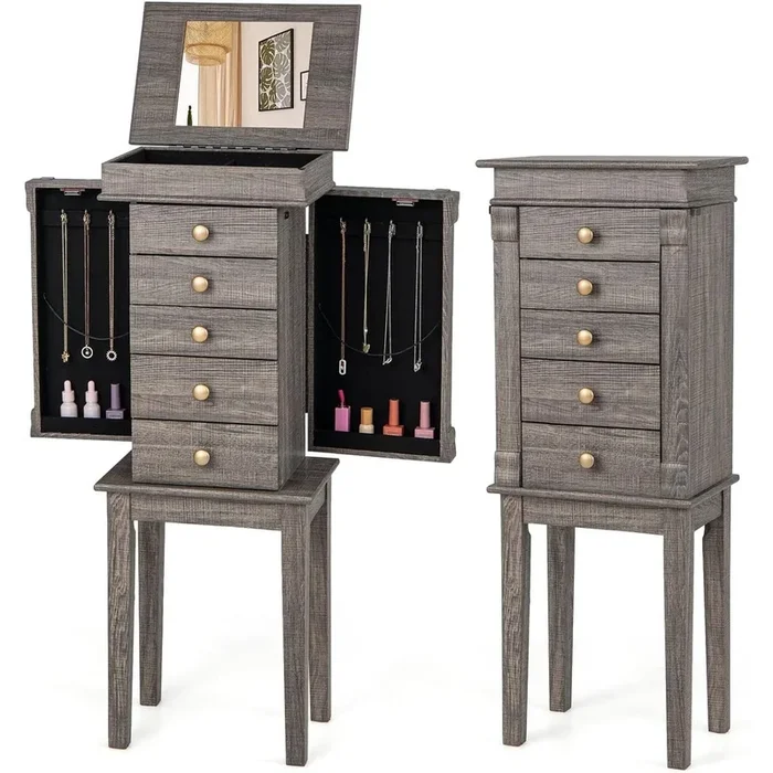 Hivvago 5-Drawer Jewelry Armoire Cabinet with Top Mirror in Grey Wood Finish