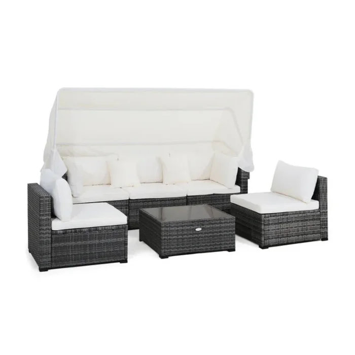 Hivvago 6 Pieces Patio Rattan Furniture Set with Retractable Canopy