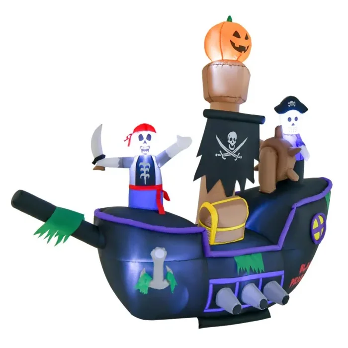 Hivvago 7 Feet Long Halloween Inflatable Pirate Ship with LED Lights Blower
