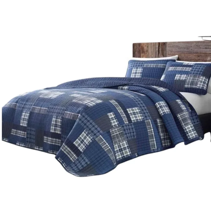 Hivvago King size 100-Percent Cotton Reversible 3 Piece Blue Patchwork Quilt Set