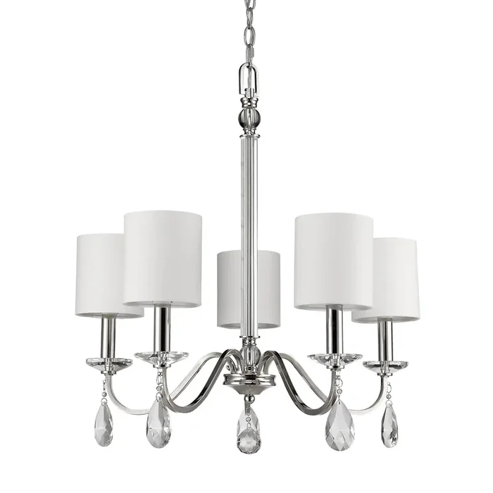 Hivvago Silver Candle Style Five Light Metal and Crystals Dimmable Chandelier With White Shades