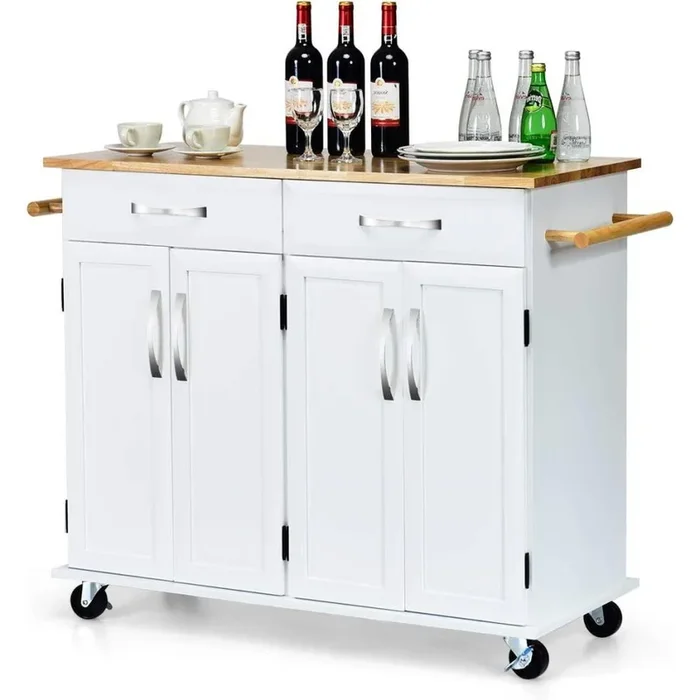 Hivvago White Kitchen Cart Island with Wood Top 2 Drawers and Bottom Storage Cabinet
