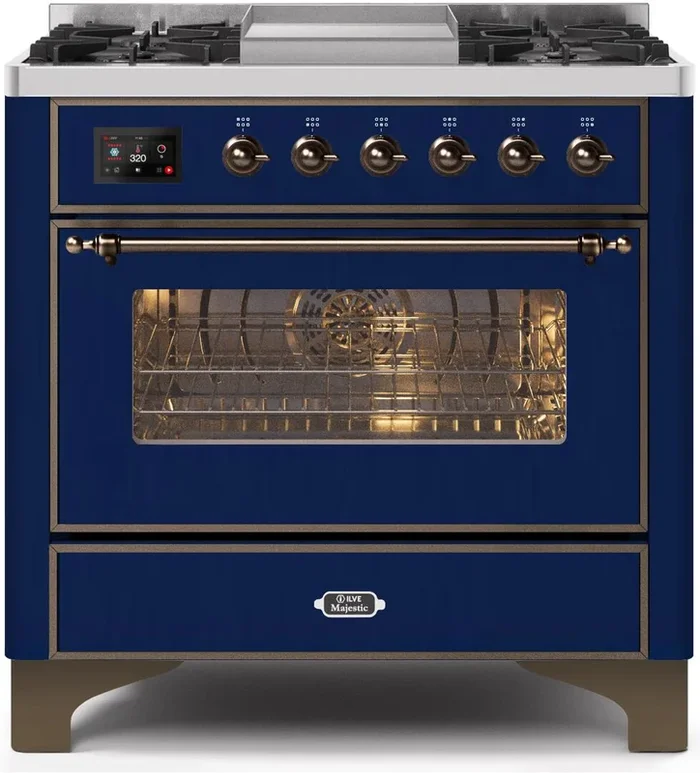 ILVE Majestic II 36″ Dual Fuel Natural Gas Range in Blue with Bronze Trim, UM09FDNS3MBB