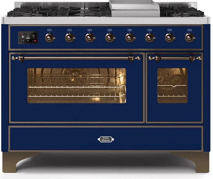 ILVE Majestic II 48″ Dual Fuel Propane Gas Range in Blue with Bronze Trim, UM12FDNS3MBBLP