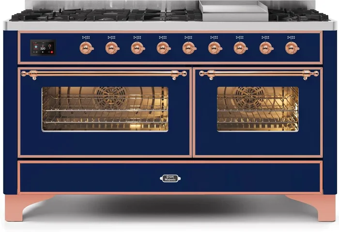 ILVE Majestic II 60″ Dual Fuel Natural Gas Range in Blue with Copper Trim, UM15FDNS3MBP