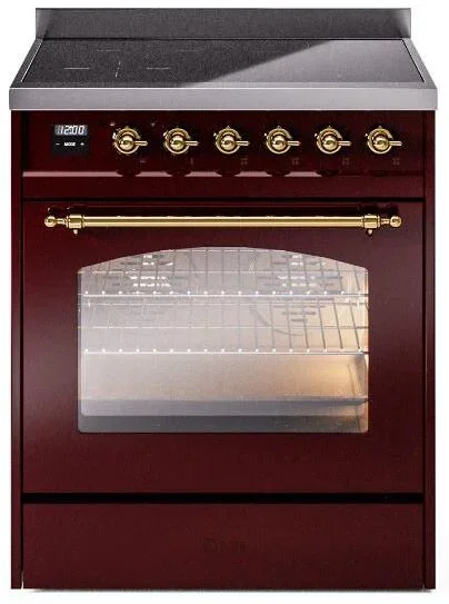 ILVE Nostalgie II 30″ Induction Range with Element Stove and Electric Oven in Burgundy with Brass Trim, UPI304NMPBUG