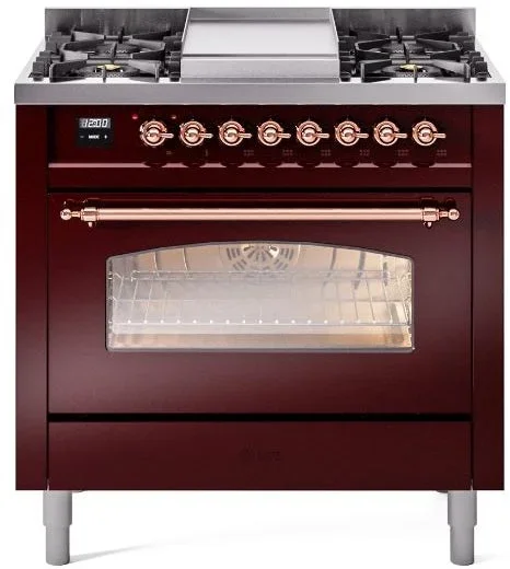 ILVE Nostalgie II 36″ Dual Fuel Natural Gas Range in Burgundy with Copper Trim, UP36FNMPBUP