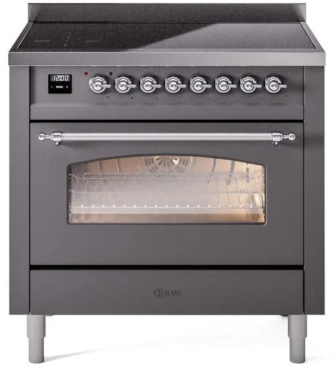 ILVE Nostalgie II 36″ Induction Range with Element Stove and Electric Oven in Matte Graphite with Chrome Trim, UPI366NMPMGC