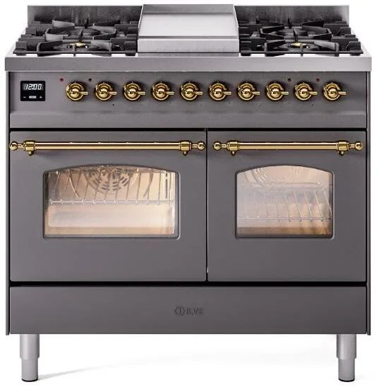 ILVE Nostalgie II 40″ Dual Fuel Propane Gas Range in Matte Graphite with Brass Trim, UPD40FNMPMGGLP