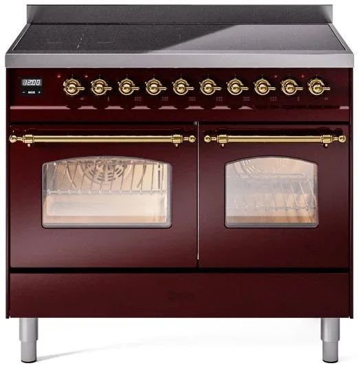 ILVE Nostalgie II 40″ Induction Range with Element Stove and Electric Oven in Burgundy with Brass Trim, UPDI406NMPBUG