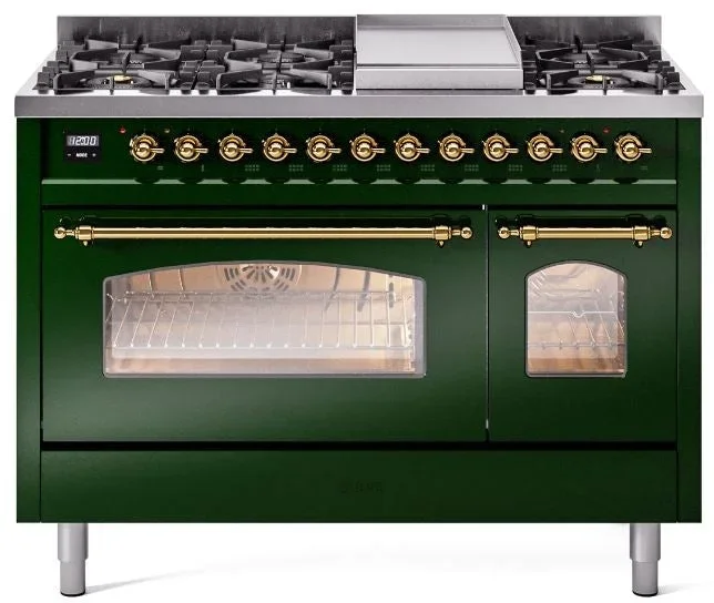 ILVE Nostalgie II 48″ Dual Fuel Propane Gas Range in Emerald Green with Brass Trim, UP48FNMPEGGLP
