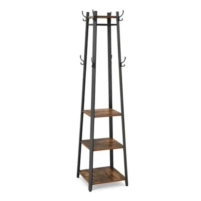 Industrial Coat Rack with 3 Shelves – Metal Frame and Wooden Shelves for Stylish Storage
