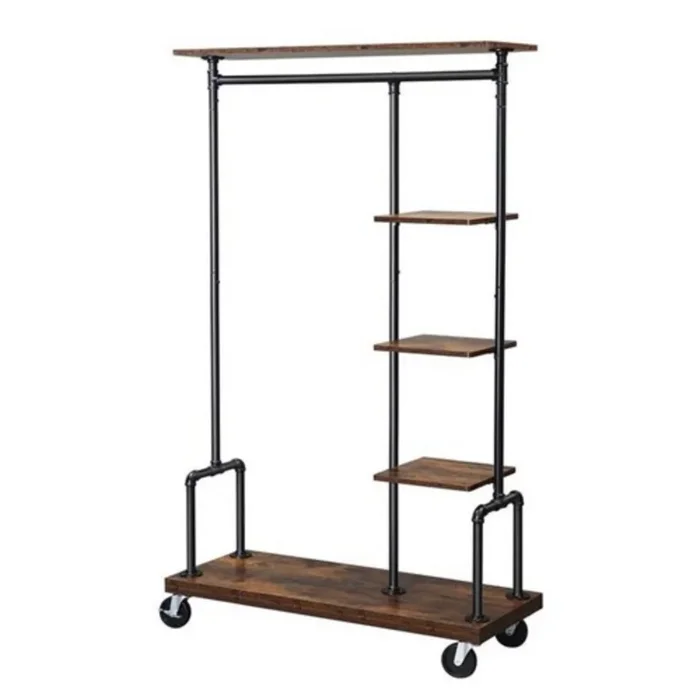 Industrial Metal Pipe Garment Rack with Wood Shelves and Rolling Casters