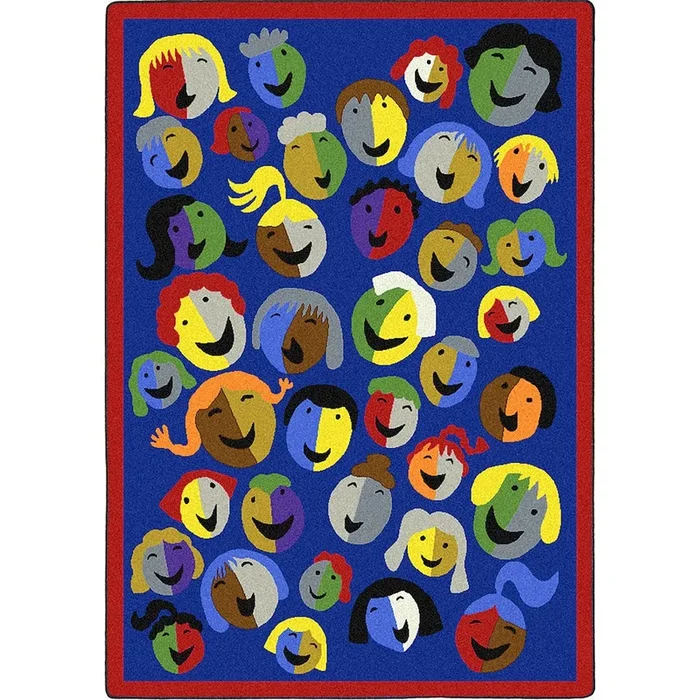 Joy Carpets Kid Essentials Joyful Faces 10’9 x 13’2 Area Rug in Color Blue